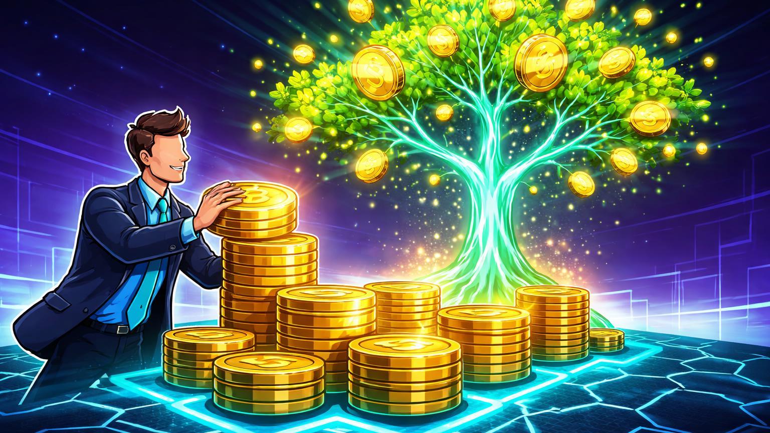 Executivo cartoon estacando moedas ETH em solo Linea, brotando árvore luminosa dourada e verde, sinal bullish de adoção corporativa