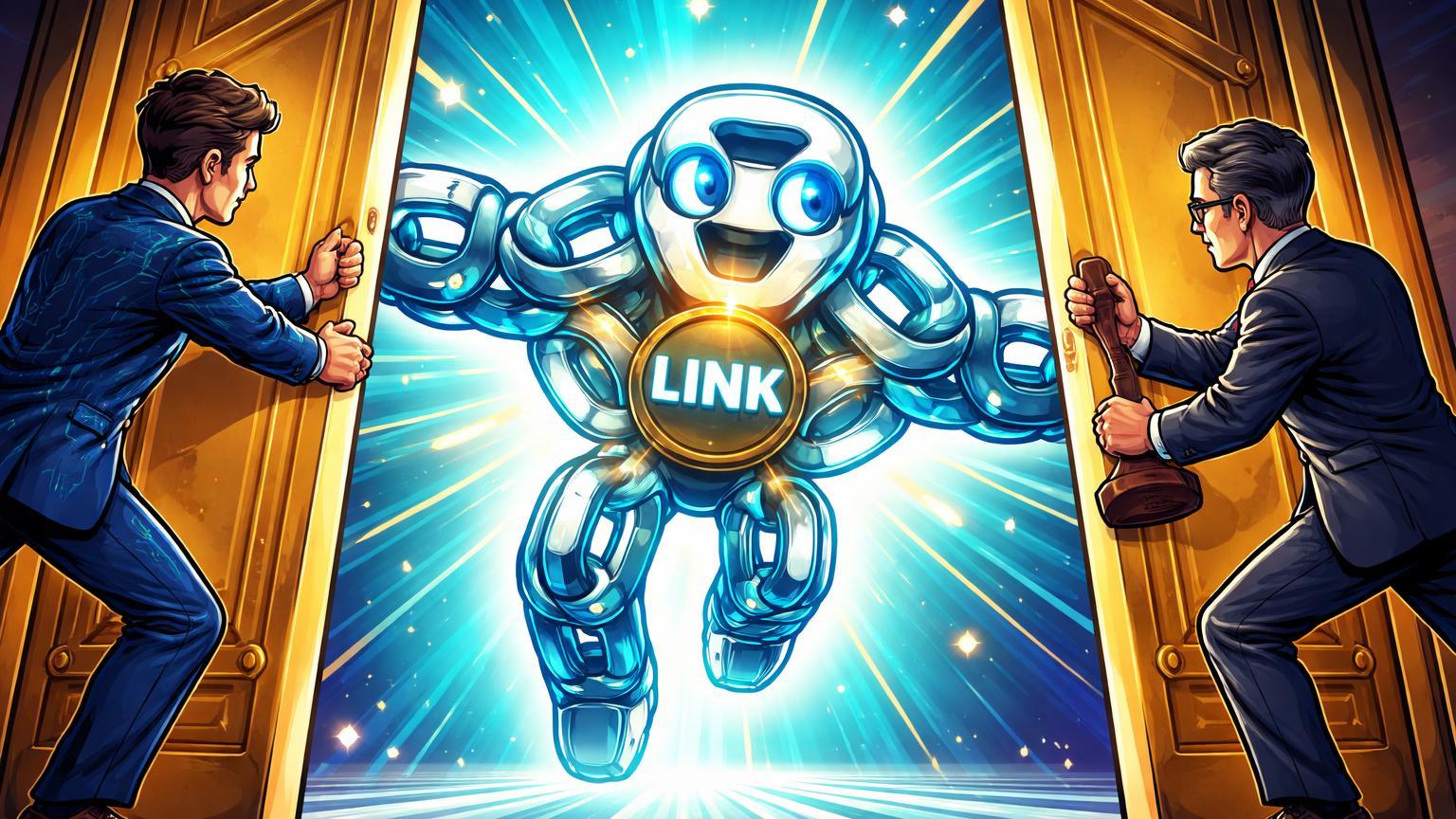 Executivos cartoon abrindo portas douradas para oráculo Chainlink estilizado, simbolizando aprovação do ETF spot pela SEC