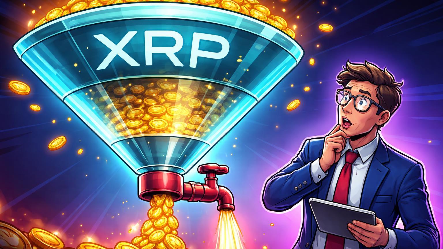 Trader cartoon observa funil ETF XRP vazando moedas douradas em fluxo vermelho, simbolizando primeiro outflow após 36 dias de entradas