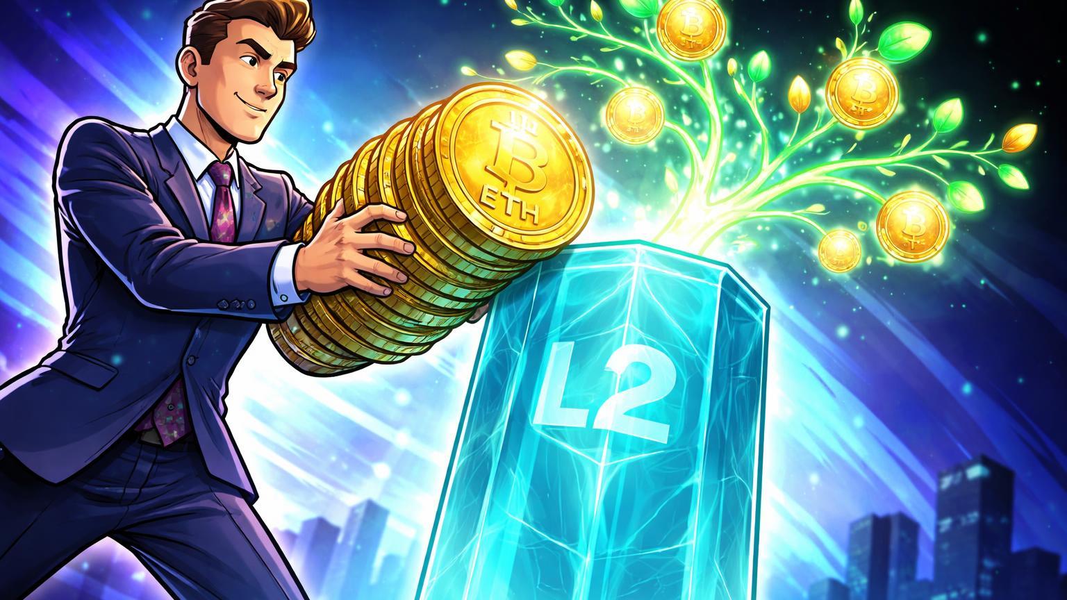 Executivo cartoon estilizado depositando ETH em pilar Layer-2 Linea com yields crescendo, simbolizando adoção corporativa bullish