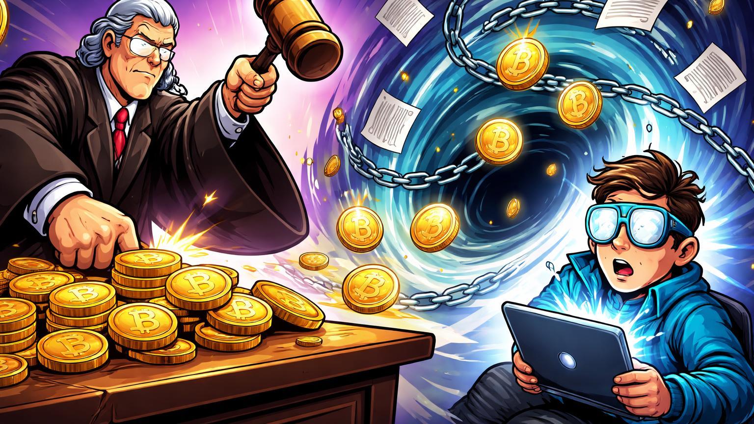 Juiz cartoon da Suprema Corte batendo martelo sobre moedas BTC de exchange surpresa, simbolizando autorização de apreensão na Coreia do Sul