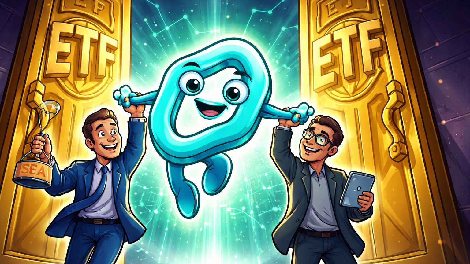 Executivos cartoon carregando personagem Chainlink cyan por portas ETF douradas com selo SEC, simbolizando aprovação e lançamento do ETF DeFi