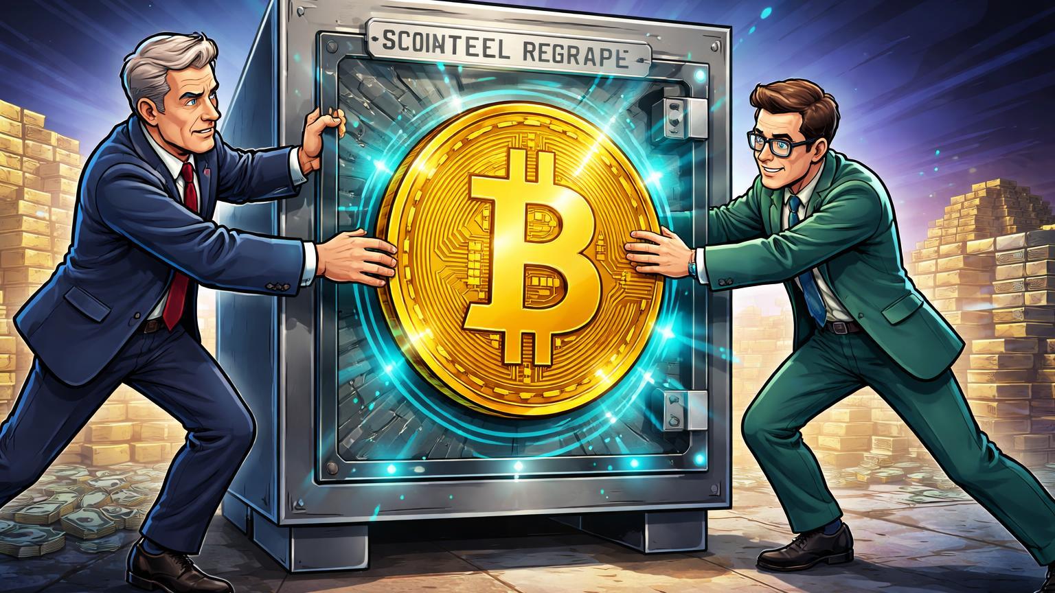 Legisladores cartoon inserindo símbolo Bitcoin em cofre de reserva estratégica, simbolizando avanço da proposta HB1039 na Flórida