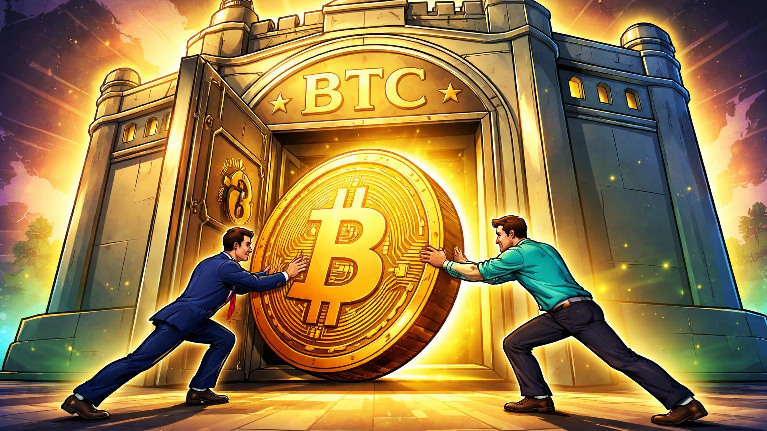 Legisladores cartoon empurrando moeda Bitcoin para cofre estadual da Flórida, simbolizando proposta de reserva estratégica HB 1039