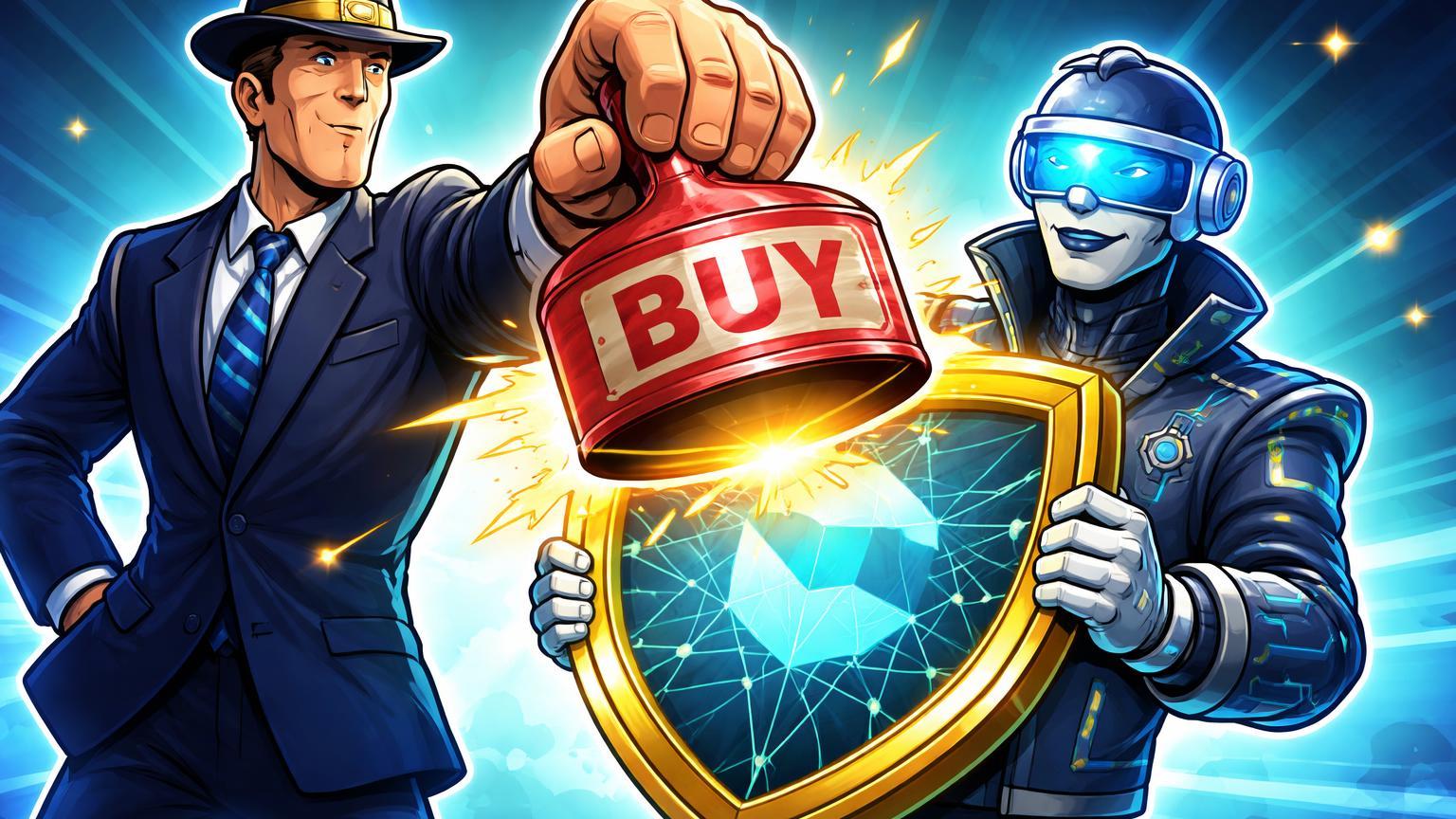 Executivo bancário cartoon carimbando 'BUY' em escudo Coinbase com rede Base cyan, simbolizando upgrade de rating pelo Bank of America