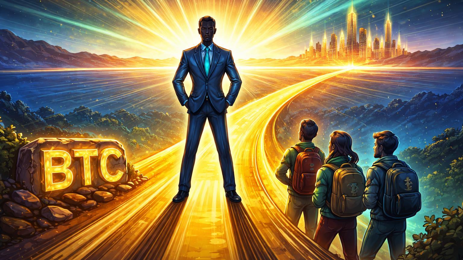 Líder institucional cartoon iniciando trilha dourada infinita com holders seguindo, simbolizando jornada inicial do Bitcoin pela BlackRock