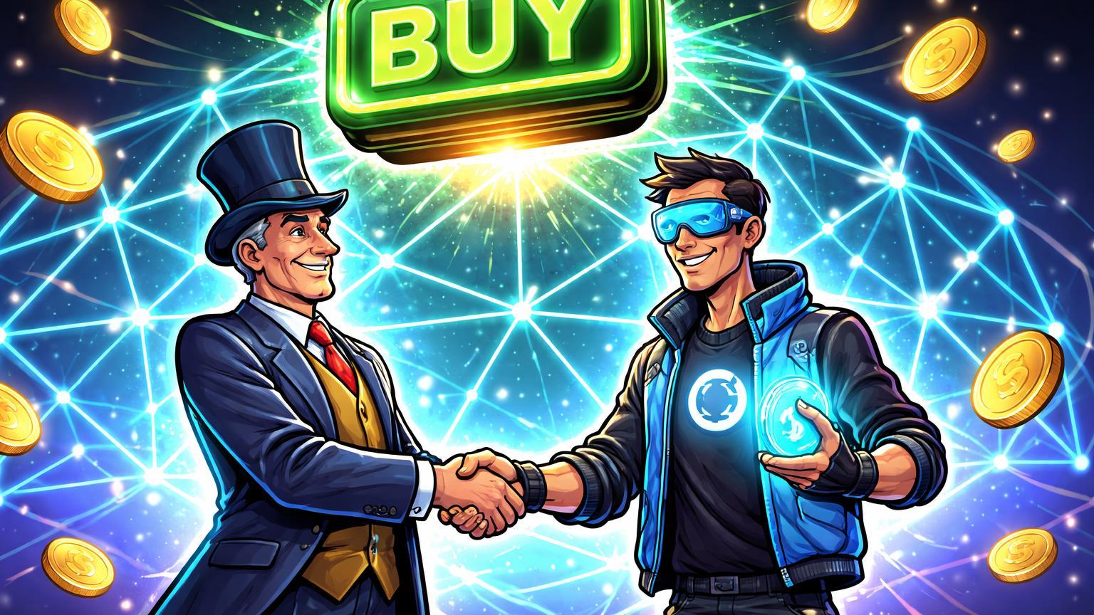 Banqueiro cartoon e tech guy se cumprimentando sobre rede Base com selo BUY verde, simbolizando elevação da Coinbase pelo Bank of America