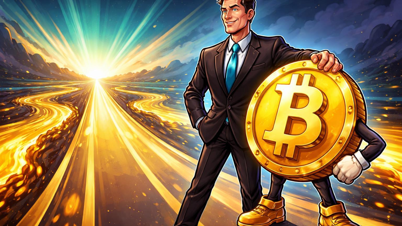 Executivo cartoon BlackRock guiando personagem Bitcoin no início de estrada dourada infinita, simbolizando adoção institucional early stage