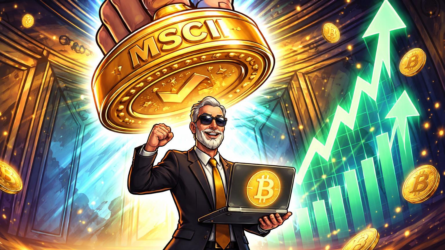 Executivo cartoon recebendo selo dourado MSCI em laptop BTC com gráfico de ações subindo, celebrando inclusão de tesourarias Bitcoin em índices globais