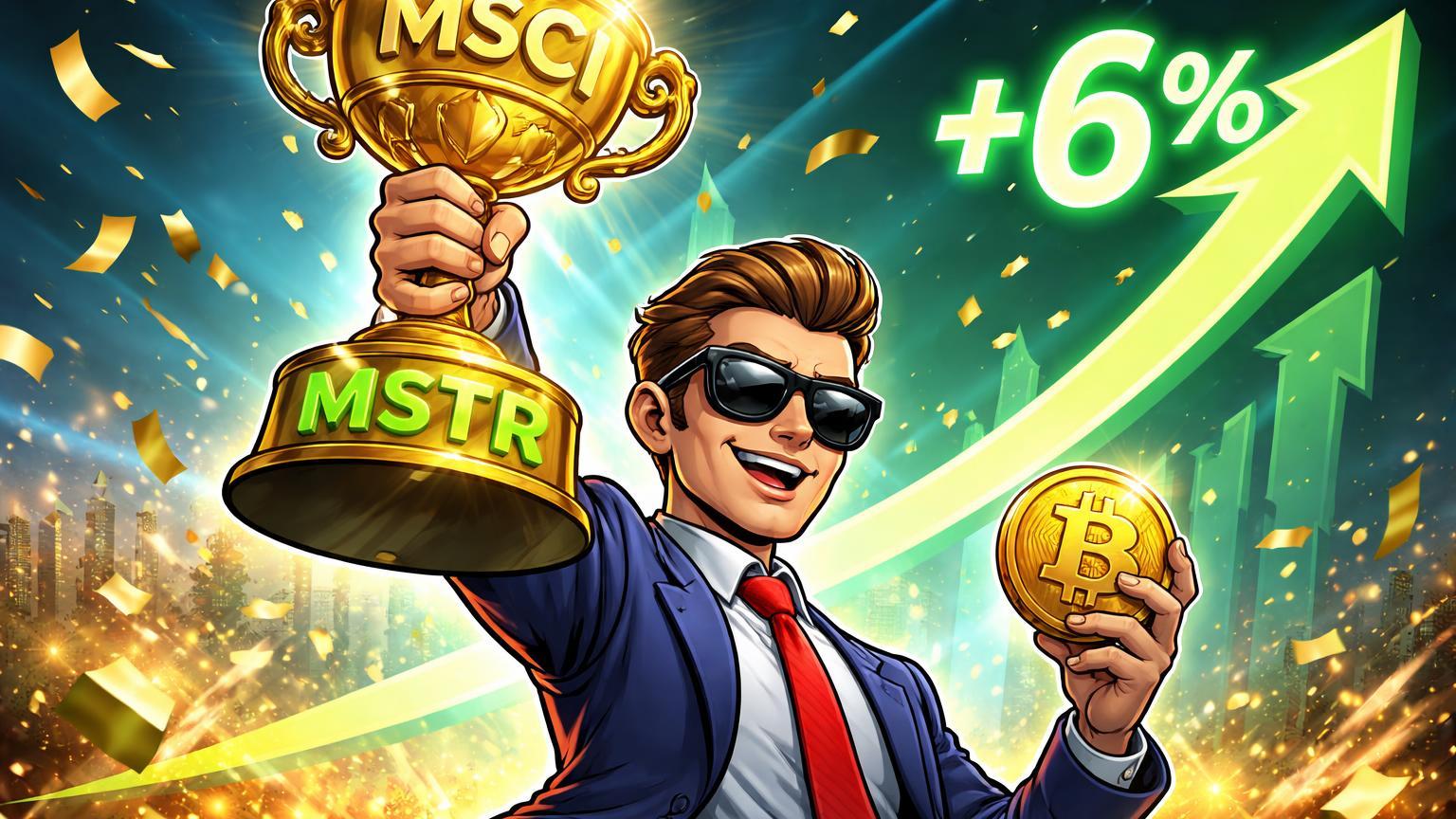 Visionário crypto cartoon erguendo troféu MSCI com MSTR gravado e seta +6% verde, celebrando inclusão em índices e disparada de ações