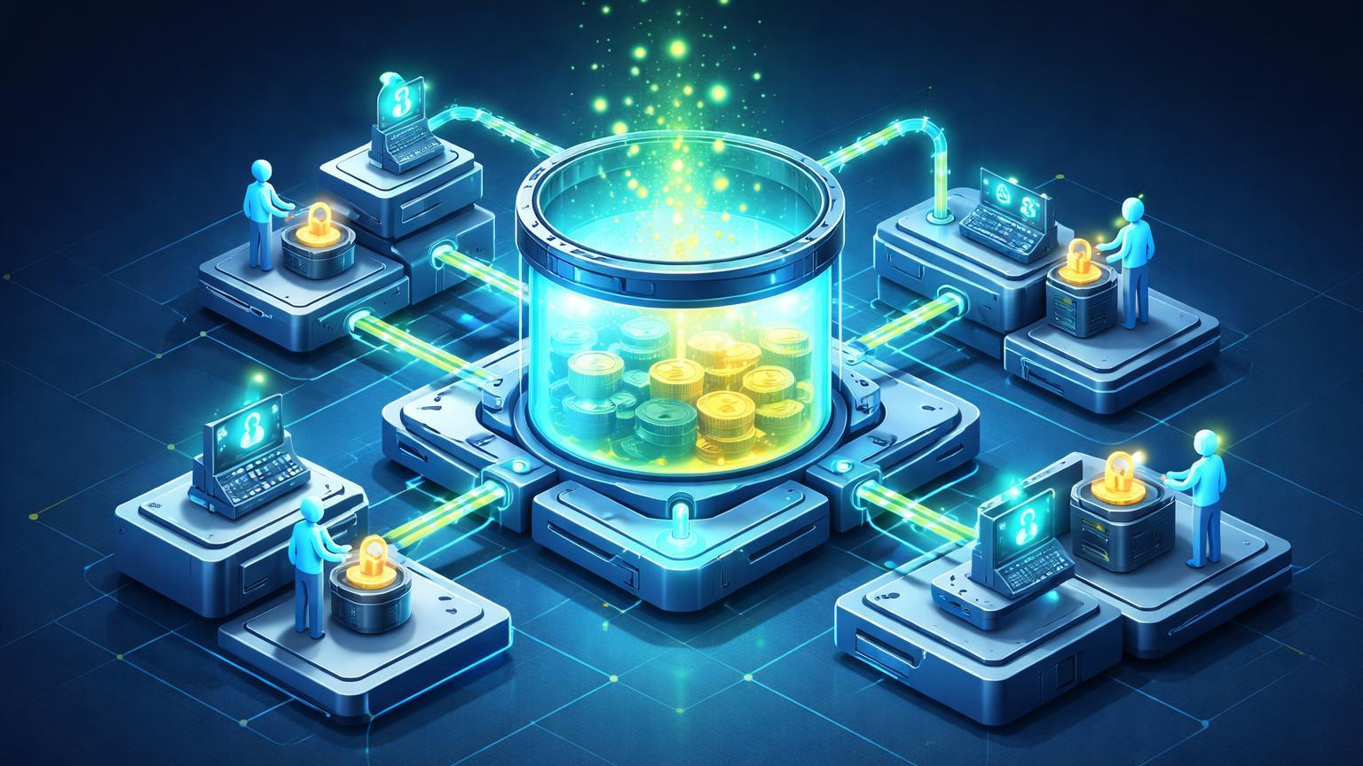 Estrutura isométrica DeFi com reservatório cristalino de stablecoins e yields verdes ascendentes, simbolizando evolução do crédito cripto para poupança estável