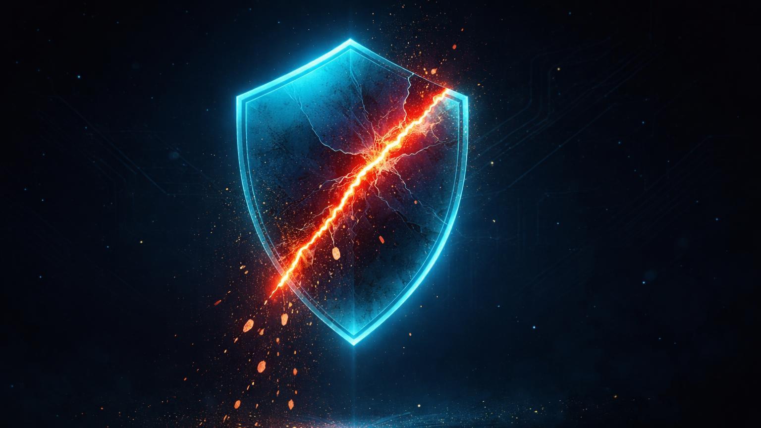 Escudo hexagonal cyberpunk rachado com luz vermelha vazando e partículas douradas caindo, representando hack Truebit e squeeze no Bitcoin