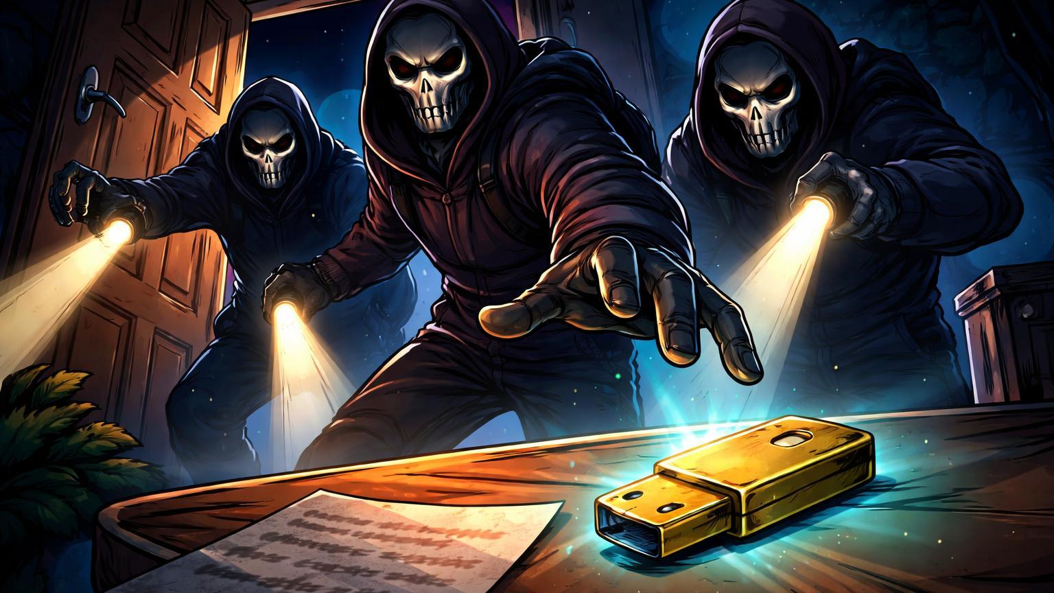 Três ladrões mascarados cartoon invadindo casa noturna para roubar USB dourada de cripto, ilustrando wrench attacks na França