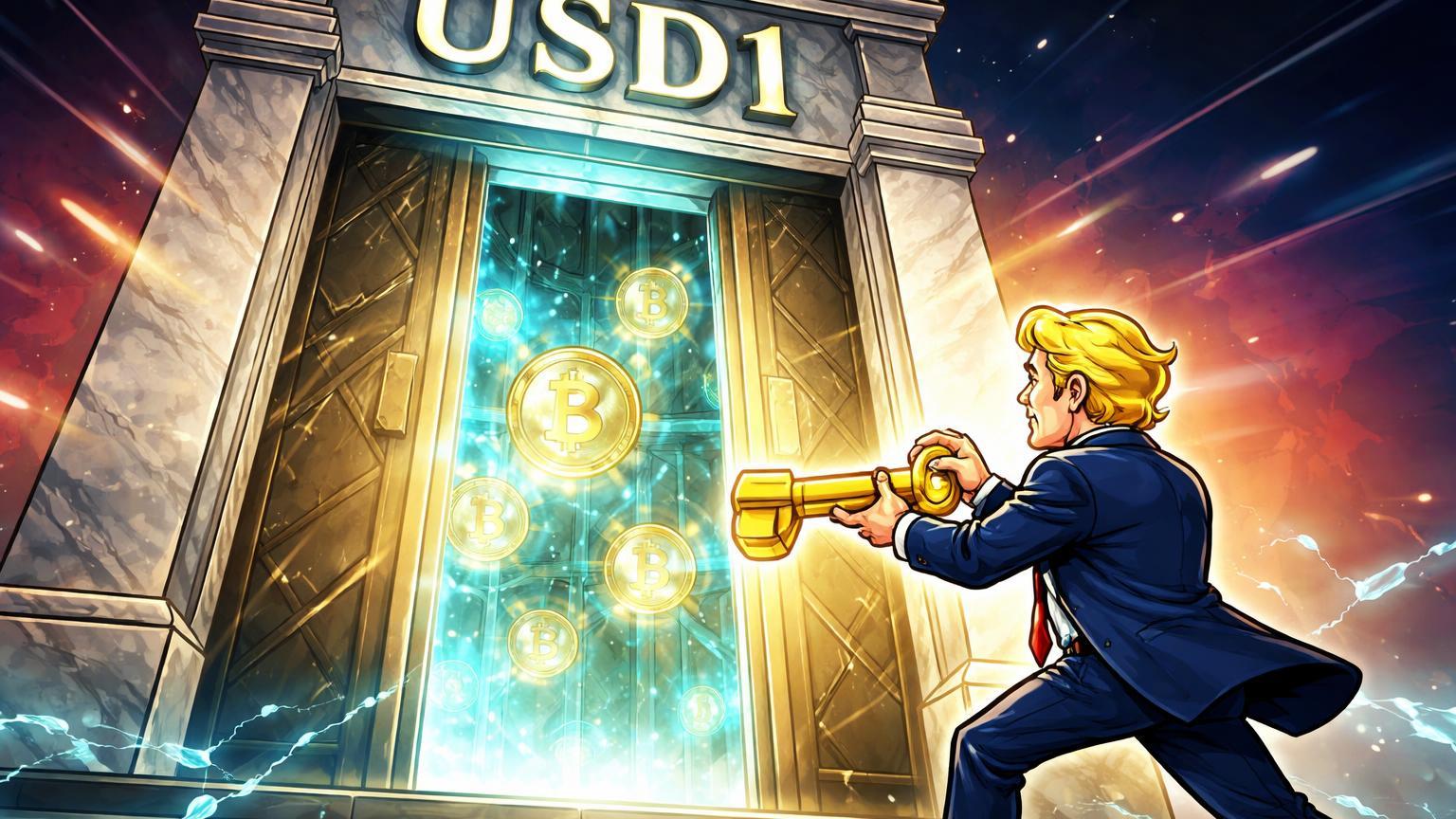 Personagem cartoon político abrindo porta com USD1 gravado revelando cofre de stablecoins, simbolizando charter regulado para WLFI de Trump
