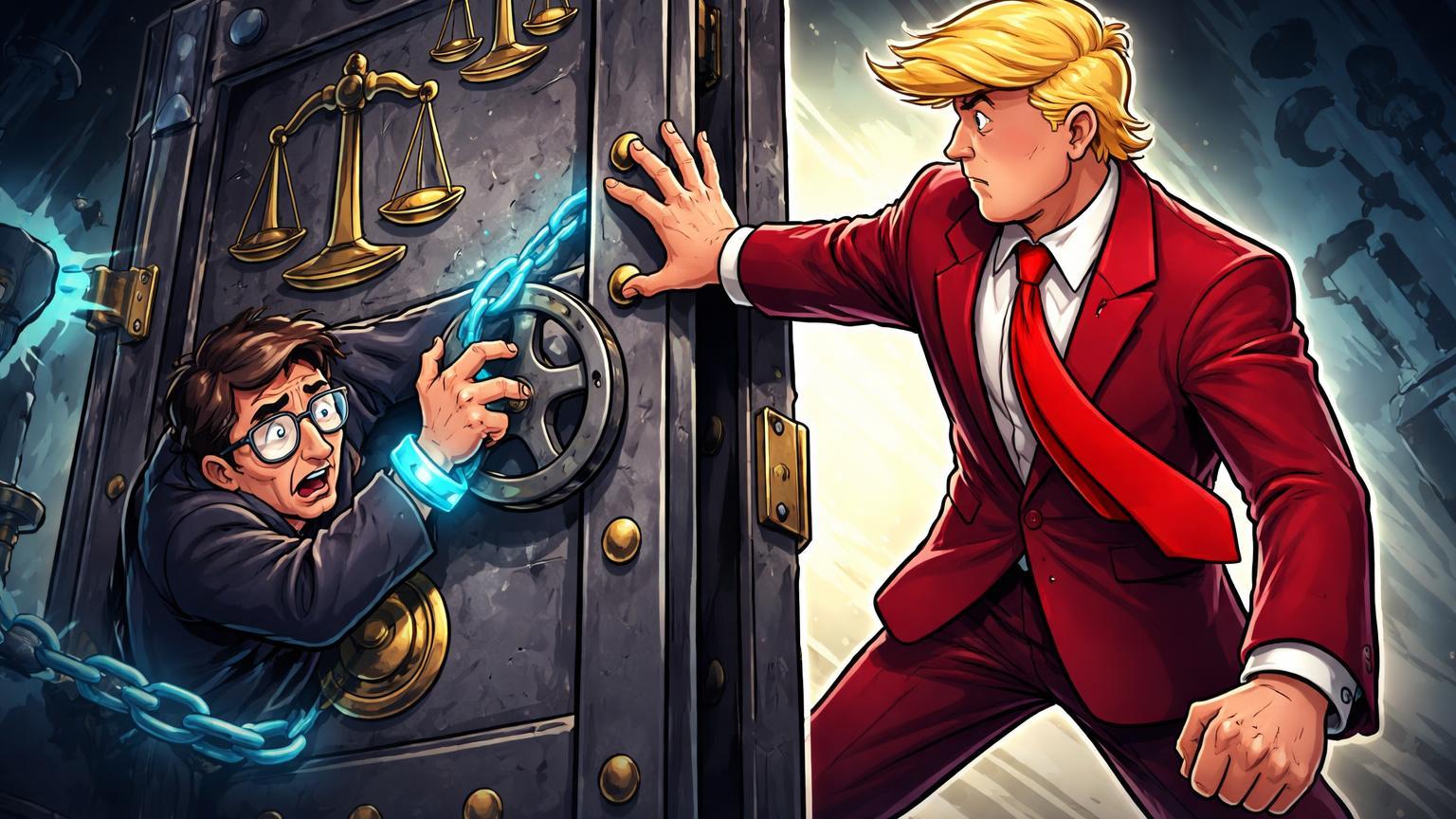 Personagens cartoon de político recusando perdão a executivos algemado da FTX, simbolizando decisão de Trump e impactos regulatórios cripto