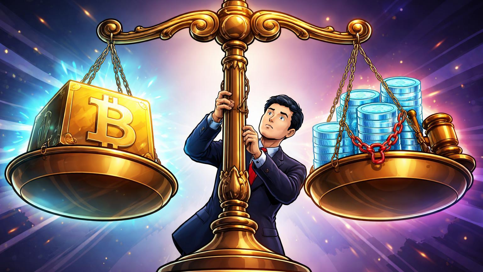 Regulador cartoon equilibrando balança com ETF Bitcoin dourado e stablecoins em correntes judiciais, ilustrando regulação na Coreia do Sul