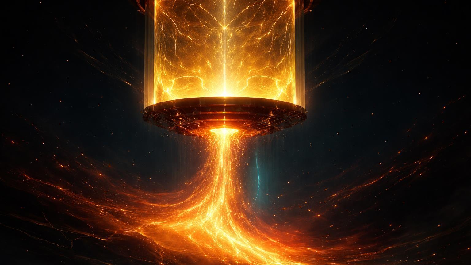 Reservatório hexagonal dourado vazando energia para abismo digital com redemoinho avermelhado, simbolizando saídas recordes de ETFs de Bitcoin