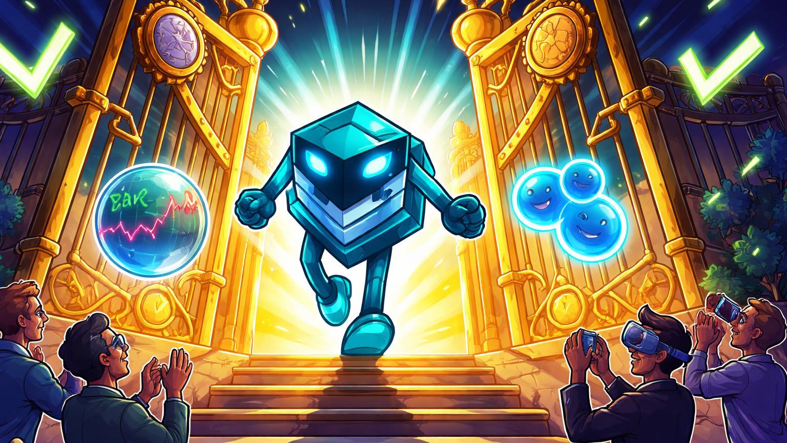 Personagens cartoon de Bitnomial entrando portão regulatório aberto, saudados por Kalshi e Gemini com traders aplaudindo, impulsionando DeFi