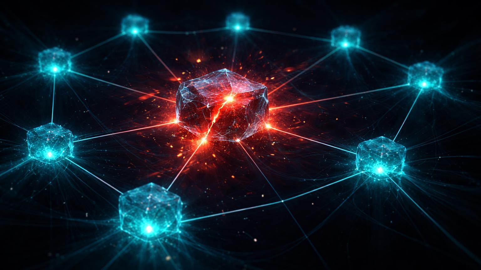 Rede cristalina hexagonal de staking com nó central rachado emitindo pulsos vermelhos lentos, alertando vulnerabilidade na Babylon