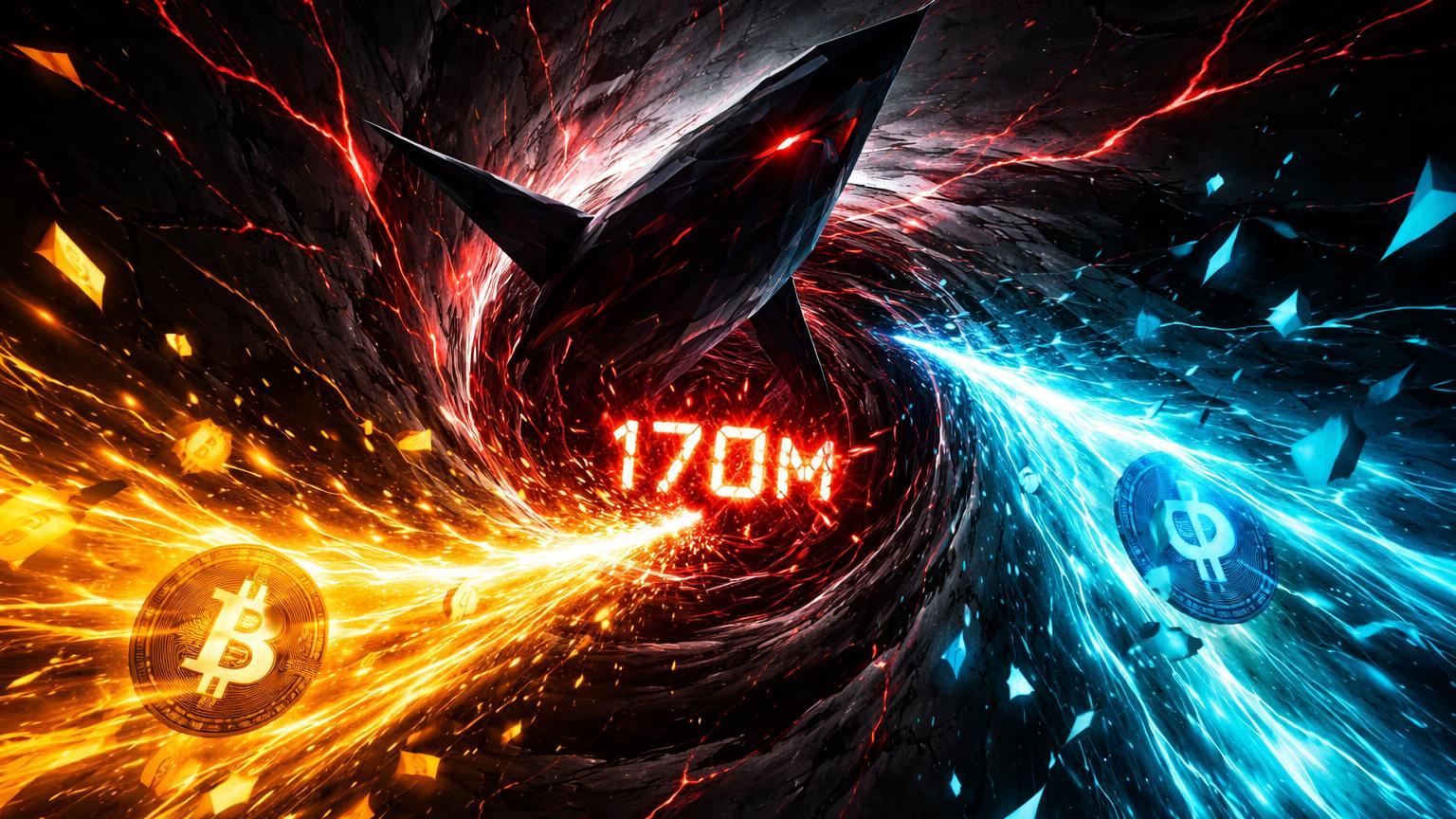 Vórtice negro sugando fluxos dourado de BTC e cyan de ETH com silhueta whale e '170M' rachado, simbolizando liquidação massiva de posições longas