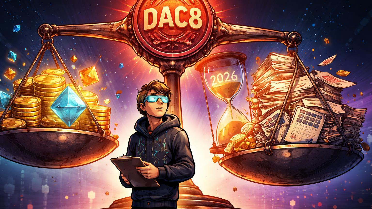 Trader cartoon equilibrando balança entre pilhas de cripto e formulários fiscais sob selo DAC8, ilustrando regulação fiscal UE em 2026