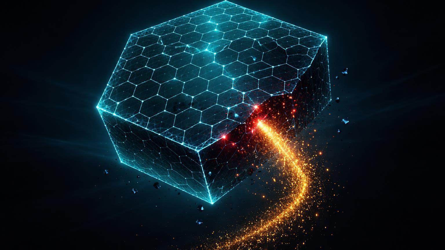 Estrutura hexagonal digital com brecha vermelha e fluxo dourado escapando, simbolizando hack na Truebit e saídas bilionárias em ETFs Bitcoin