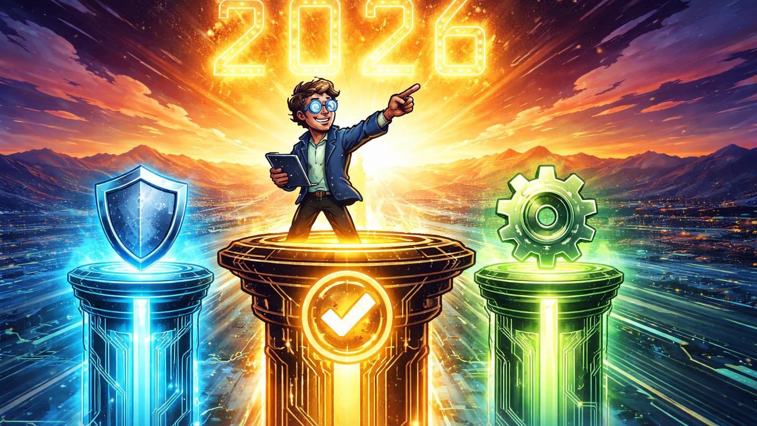 Personagem CIO cartoon erguendo três pilares luminosos para horizonte 2026, simbolizando fatores para bull run cripto duradouro pela Bitwise