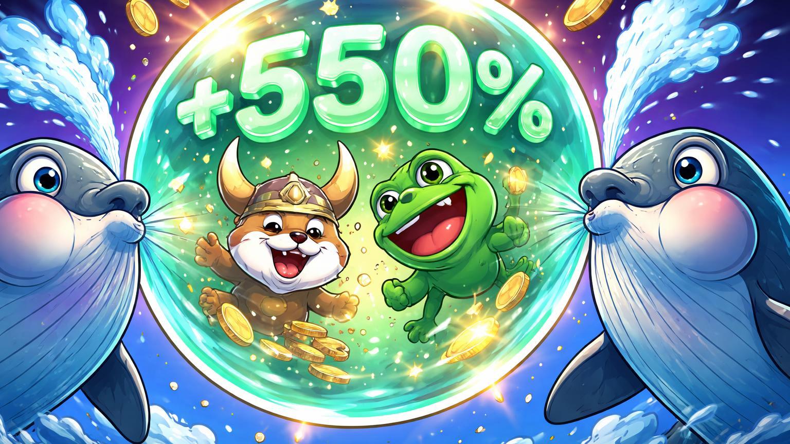 Baleias cartoon soprando bolha gigante com +550% e silhuetas de Floki e Pepe, simbolizando disparada especulativa de whales em memecoins
