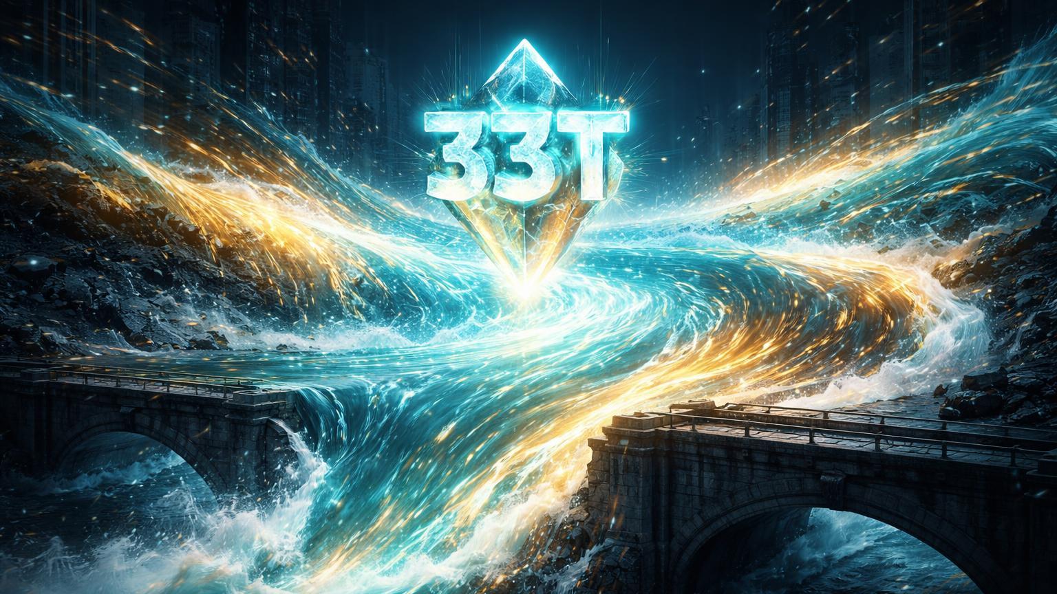 Rio caudaloso de energia cyan-dourada transbordando ponte tradicional com cristal 33T, simbolizando volume recorde de stablecoins superando Visa