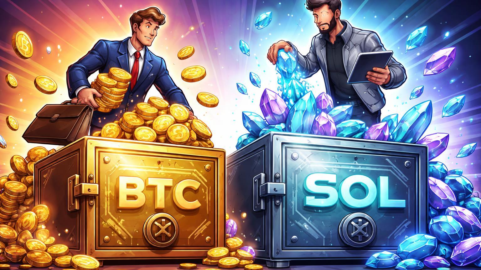 Executivos cartoon depositando BTC dourado e SOL prismático em cofres transbordantes, simbolizando adoção corporativa e tesourarias crescentes