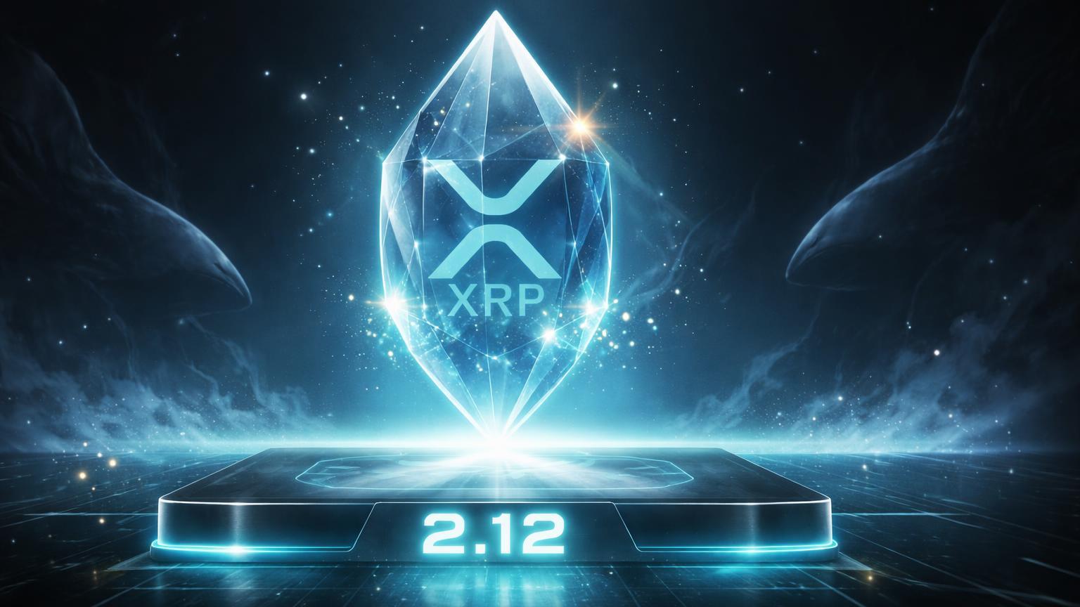 Cristal XRP translúcido oscilando sobre suporte 2.12 com partículas de liquidações dissipando e silhuetas de whales recuando, ilustrando consolidação técnica