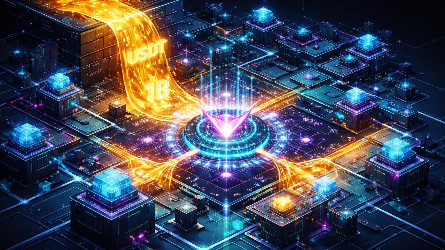 Estrutura isométrica da rede Tron recebendo fluxo dourado de USDT com '1B' holográfico, simbolizando emissão bilionária para liquidez