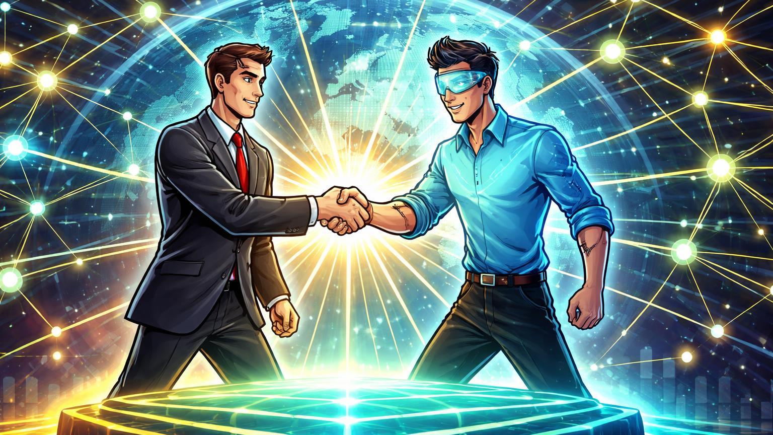Executivos cartoon estilizados unindo mãos para ativar rede blockchain global, simbolizando lançamento do ledger Swift com Standard Chartered para tokenização