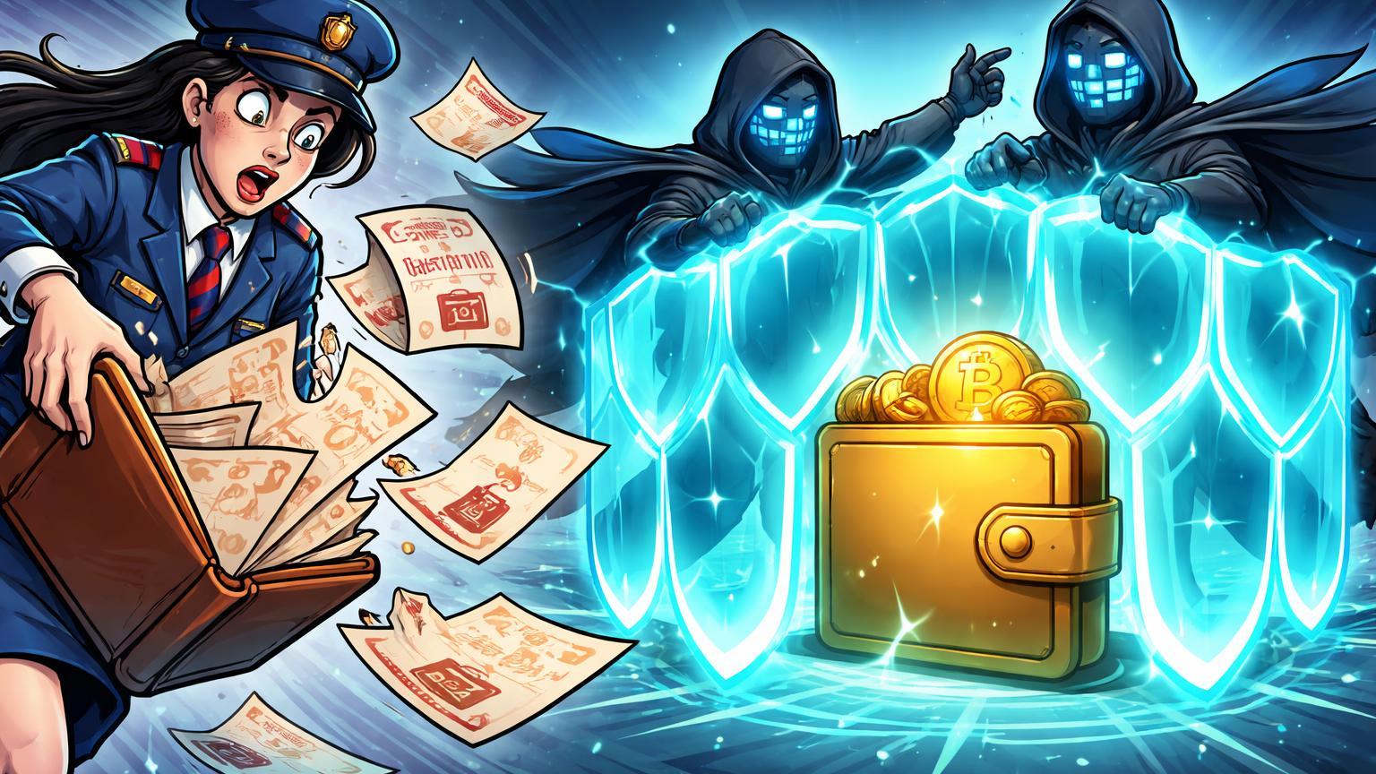 Agente fiscal cartoon derramando documentos de dados cripto enquanto holders estilizados erguem escudos digitais, alertando vazamento francês