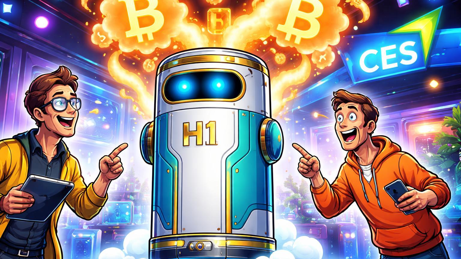 Aquecedor H1 cartoon em estande CES expelindo vapor formando BTC, com personagens animados, simbolizando mineração doméstica eficiente