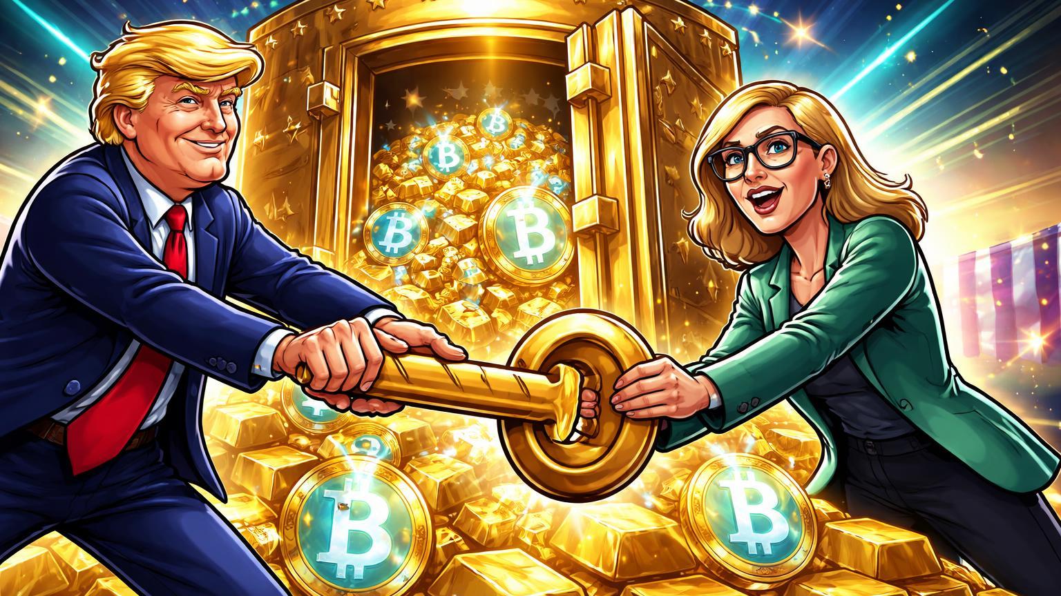 Personagens cartoon de Trump e Cathie Wood abrindo cofre nacional transbordando Bitcoin, simbolizando reserva estratégica dos EUA em 2026