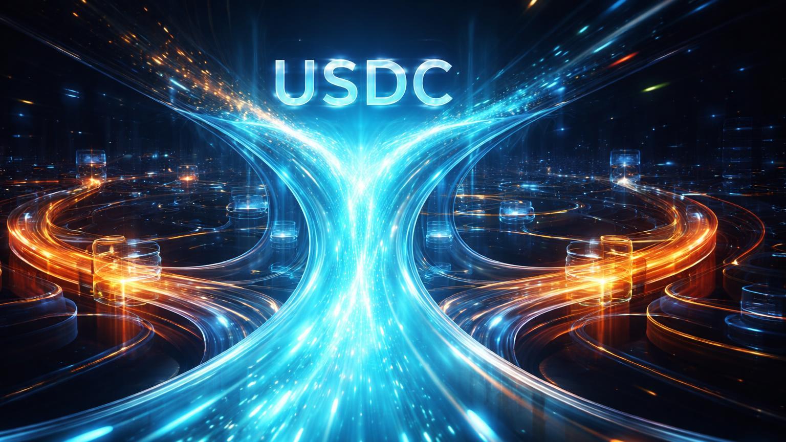 Canal glass cyan USDC transbordando sobre canais laranja USDT menores em rede DeFi, simbolizando liderança de volume impulsionada por Solana