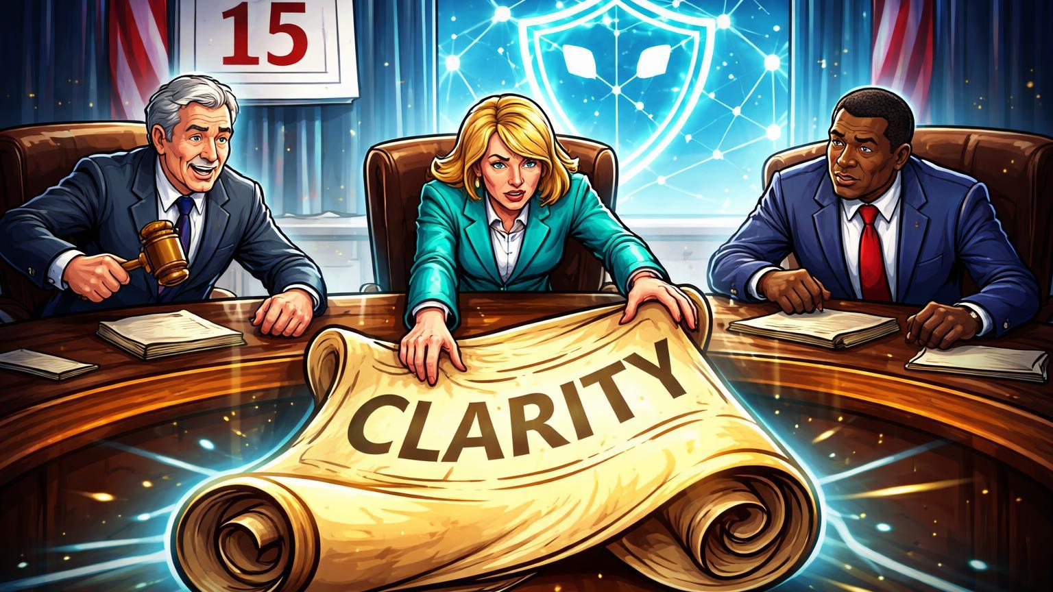 Senadores cartoon em markup do CLARITY Act com documento dourado central e rede DeFi observando, simbolizando aceleração regulatória cripto nos EUA
