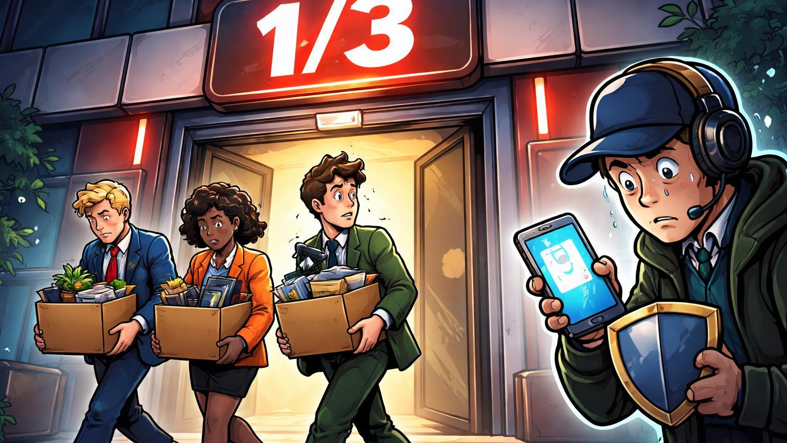 Equipe cartoon institucional saindo de prédio de exchange com caixas e placa '1/3', trader preocupado checando carteira, ilustrando demissões na OKX