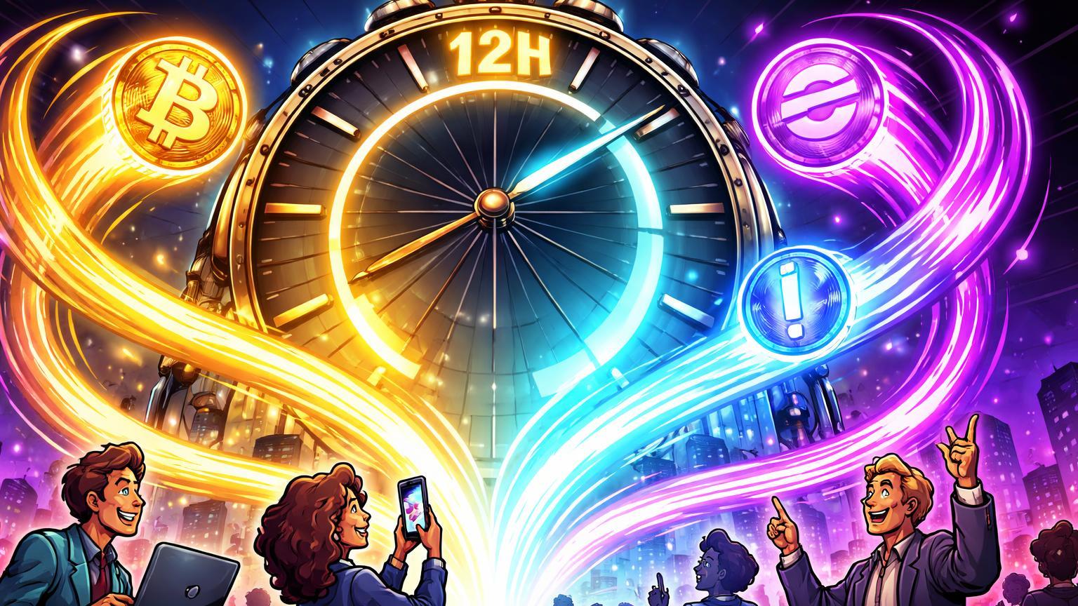 Relógio monumental de bolsa destacando 12 horas com fluxos BTC, ETH e SOL para traders cartoon, simbolizando expansão de negociação na B3