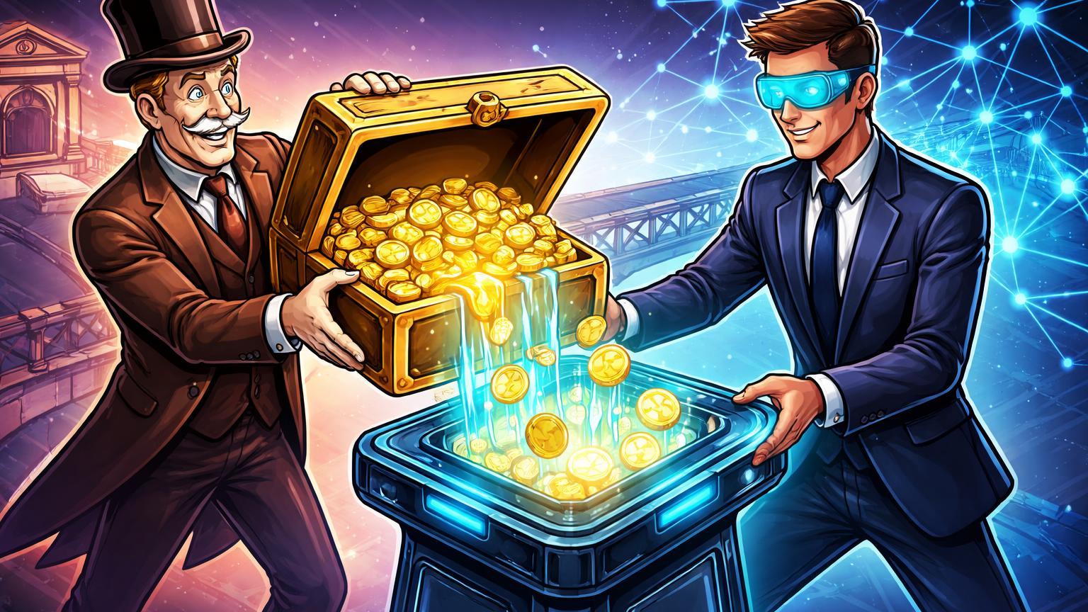Banqueiro tradicional e executivo tech cartoon despejando baú de ouro em plataforma tokenizadora, simbolizando lançamento de depósitos tokenizados pela BNY Mellon