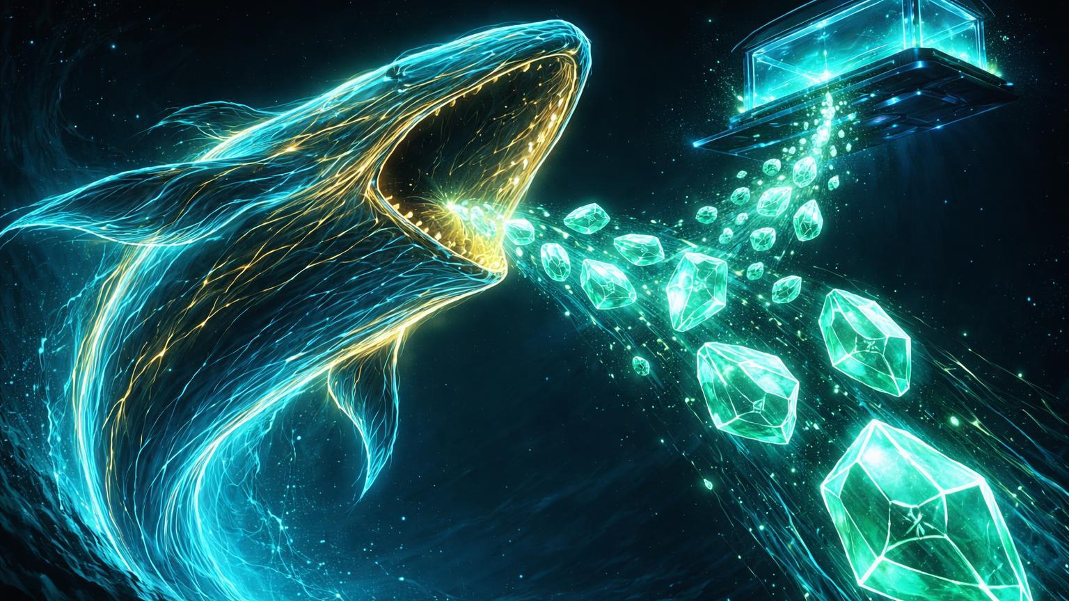 Baleia neon colossal acumulando cristais XRP de estrutura exchange esvaziando, ilustrando fase de acumulação on-chain bullish