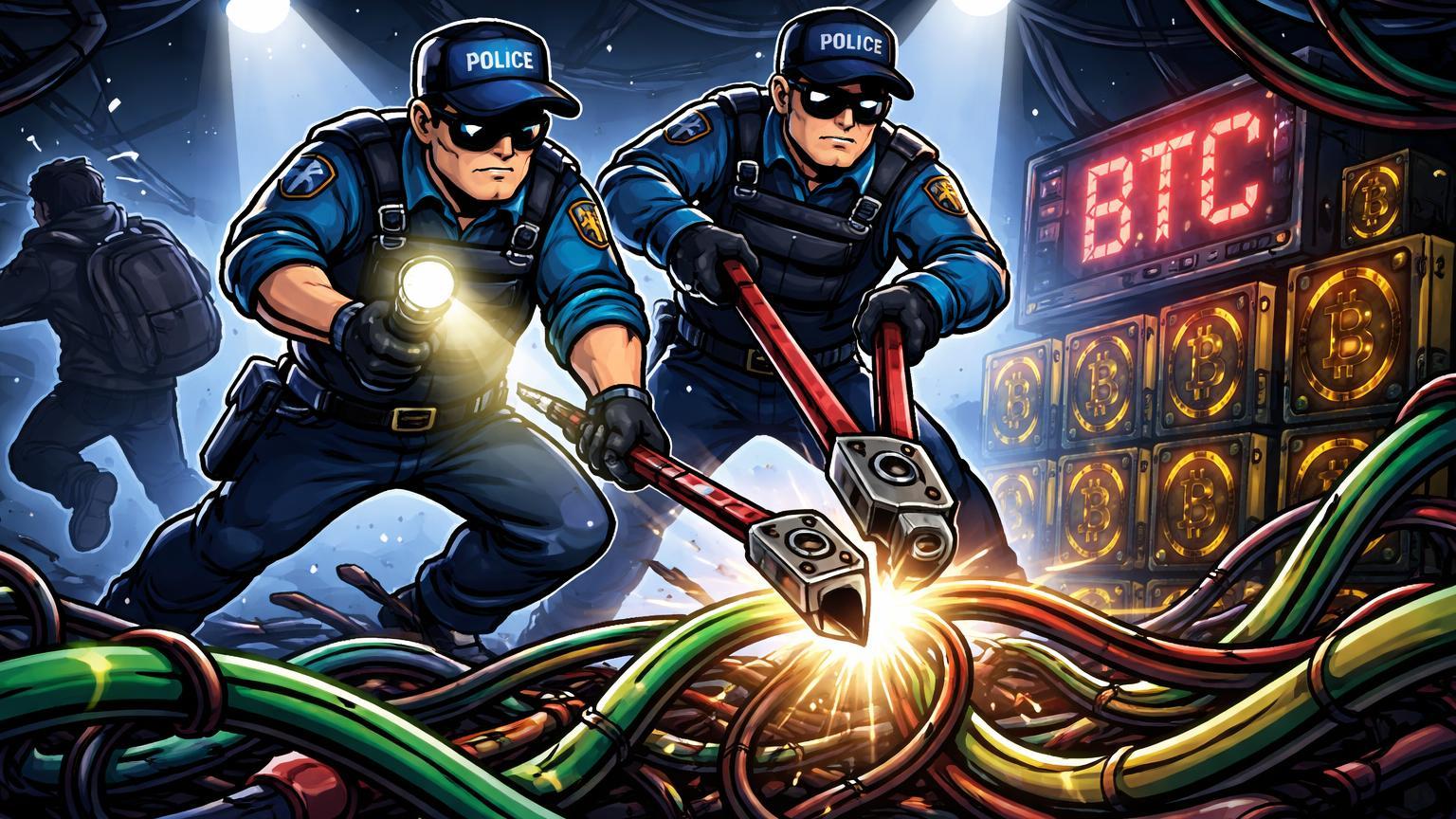 Policiais cartoon cortando cabos elétricos desviados para rigs de mineração ilegal de BTC, com suspeito fugindo, ilustrando operação policial no DF