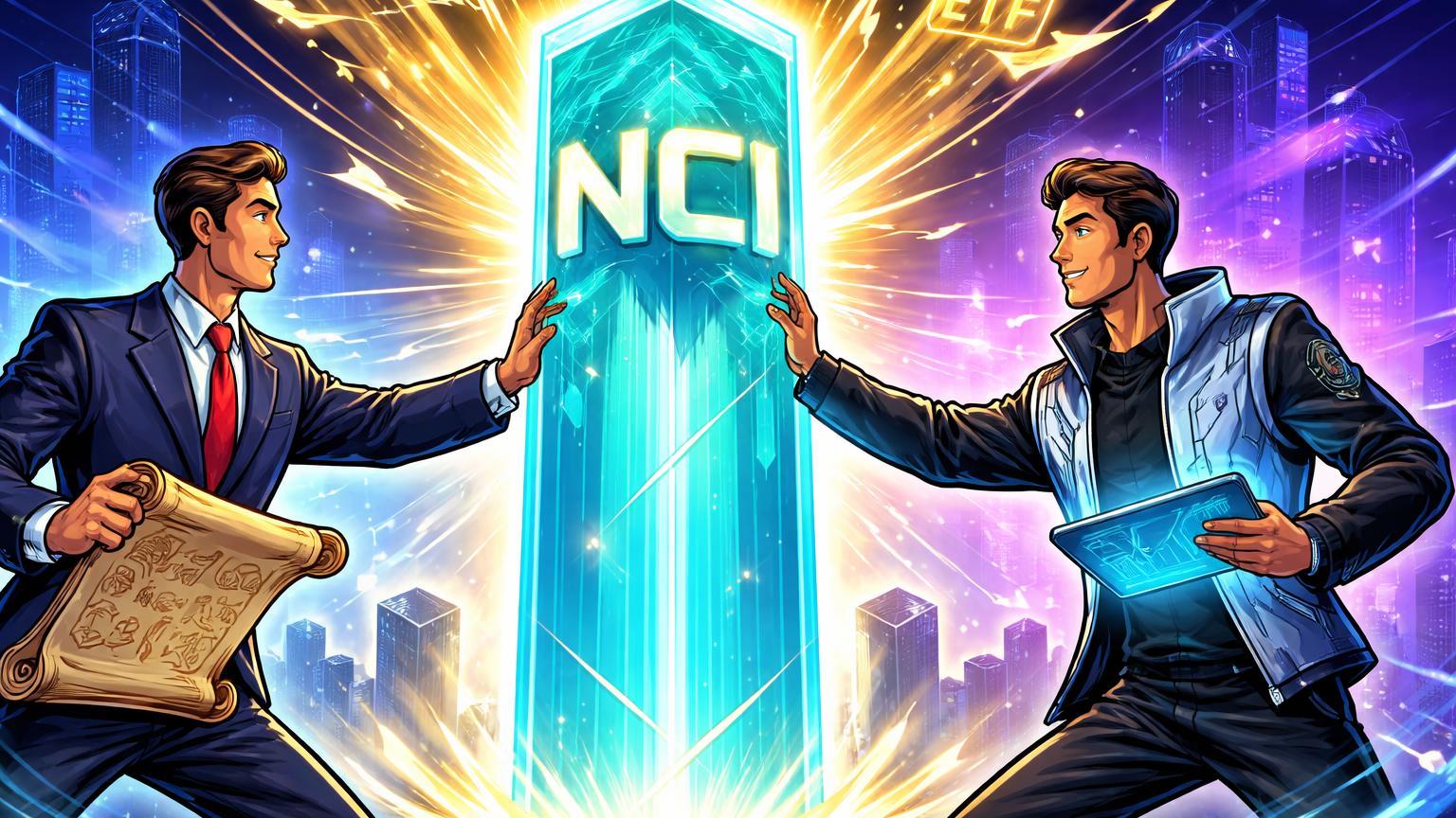 Executivos cartoon estilizados de Nasdaq e CME ativando pilar NCI luminoso, simbolizando relançamento de índice para adoção institucional em cripto