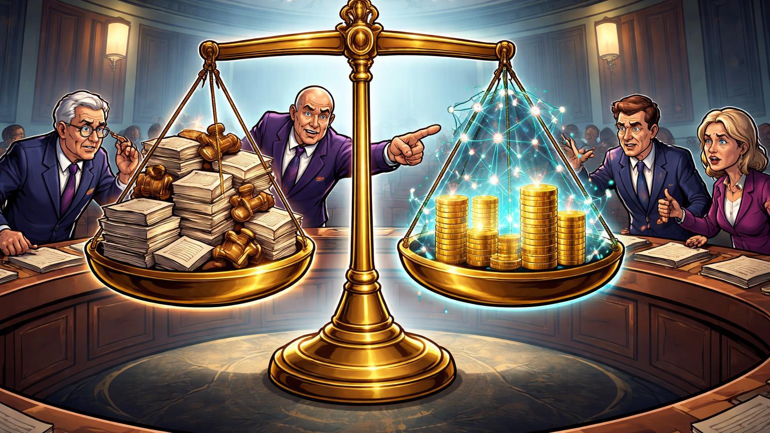 Senadores cartoon debatendo balança com leis burocráticas e rede DeFi rachada versus stablecoins, ilustrando votação do CLARITY Act no Senado EUA