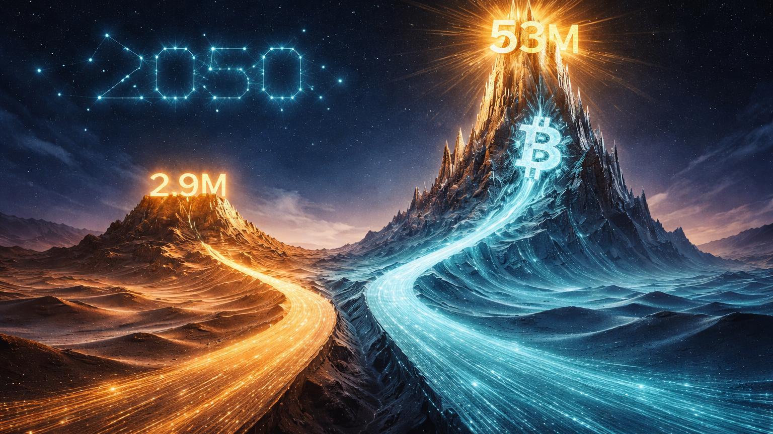 Caminhos bifurcados no deserto digital levando a picos BTC com 2.9M e 53M em 2050, simbolizando cenários otimista e base da VanEck