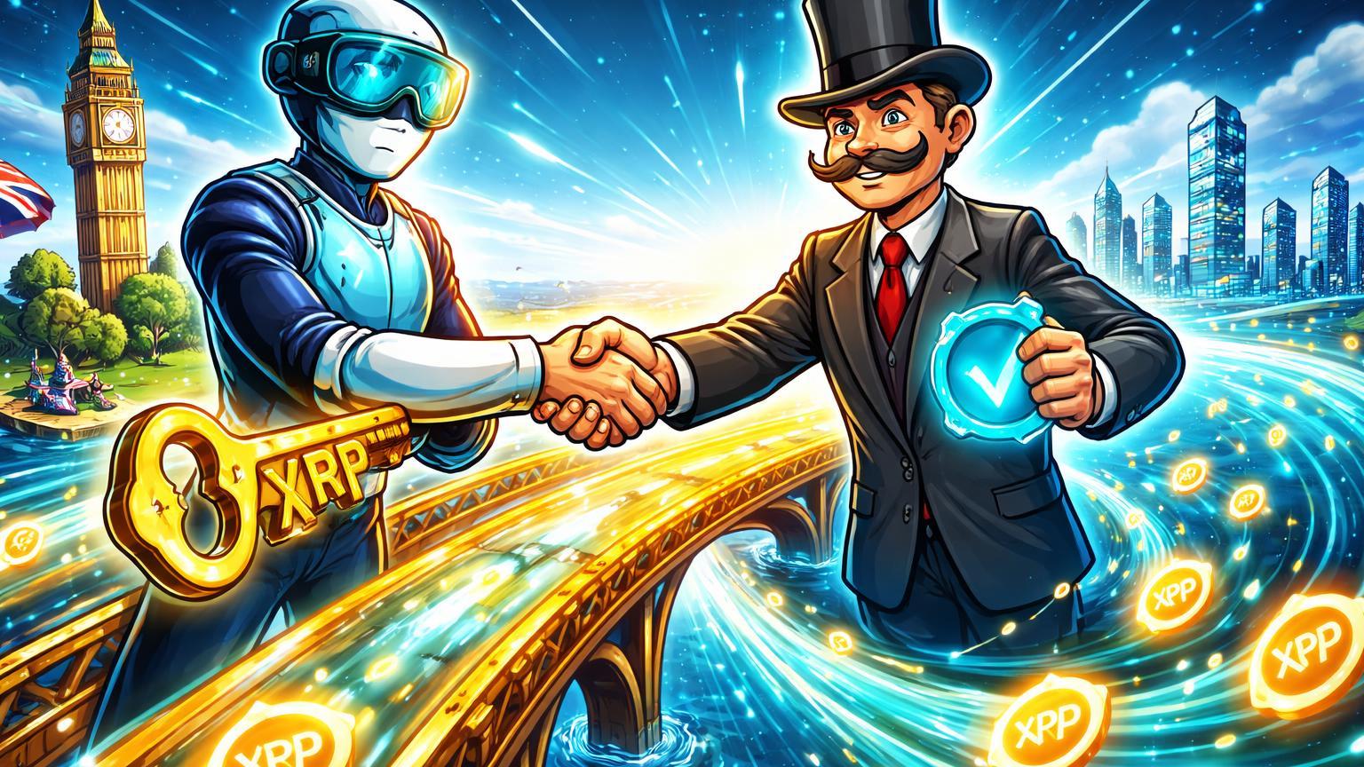 Personagens cartoon de Ripple e regulador FCA apertando mãos sobre ponte transfronteiriça com fluxo XRP, celebrando licença no UK