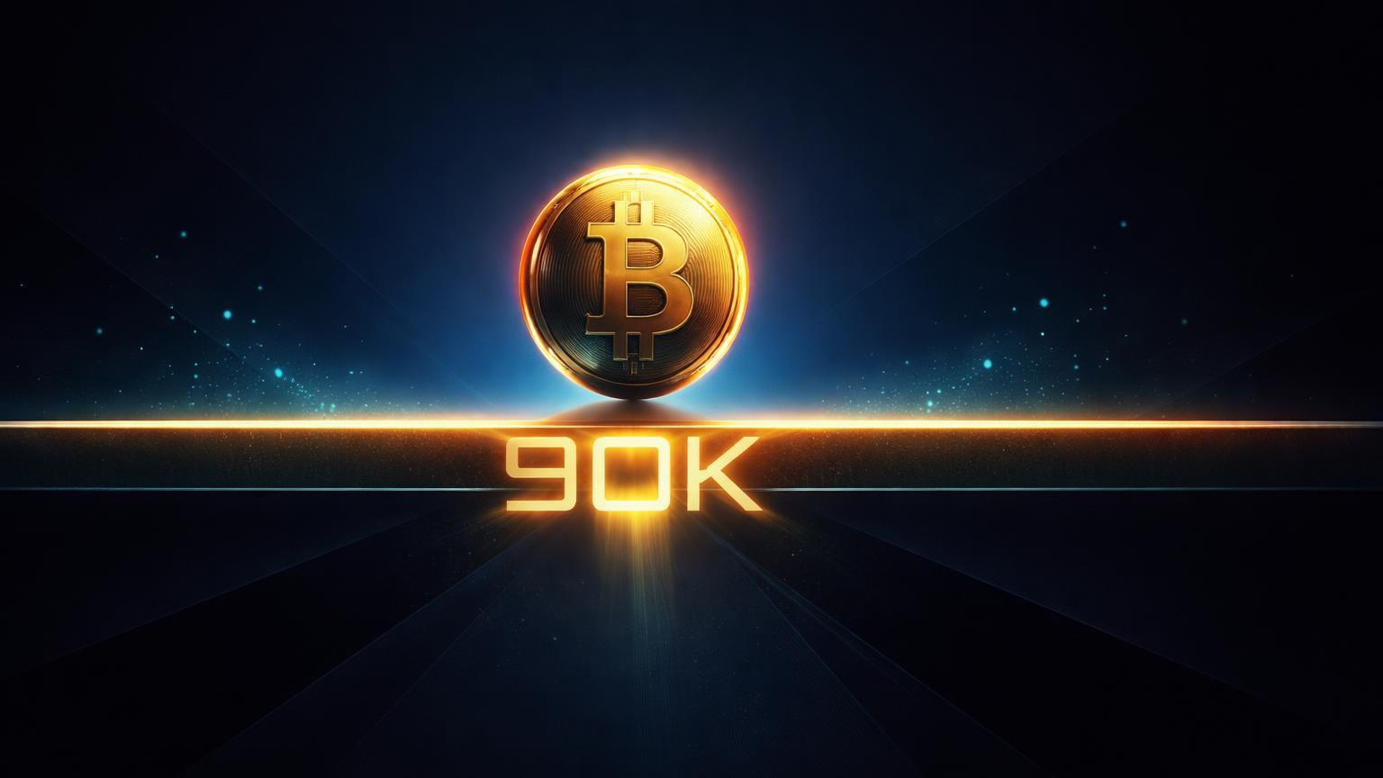 Núcleo dourado BTC oscilando sobre linha de suporte geométrica com 90K entalhado, simbolizando teste de preço em US$90 mil