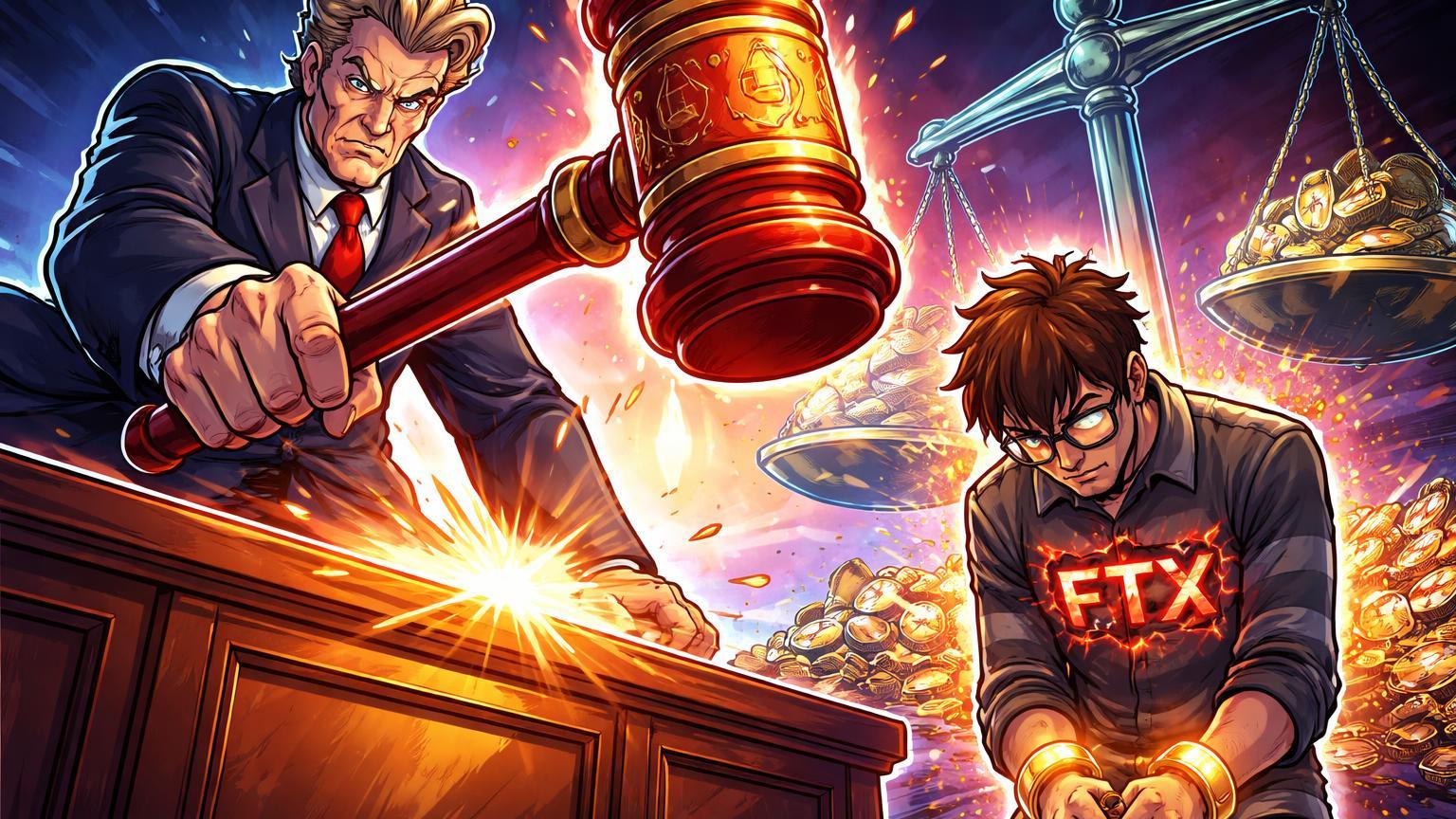 Juiz cartoon batendo martelo sobre réu algemado com FTX rachado em tribunal, simbolizando recusa de perdão a SBF e endurecimento regulatório cripto