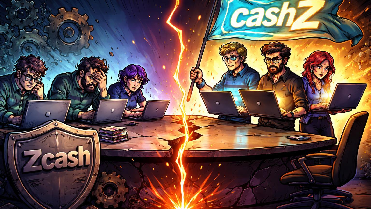 Desenvolvedores cartoon divididos entre escudo Zcash enfraquecido e bandeira cashZ emergente sobre mesa rachada, simbolizando crise de governança em privacy coins